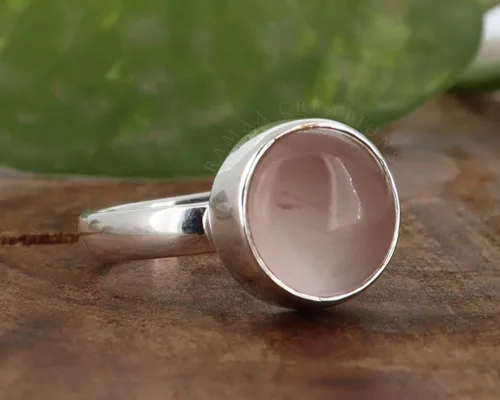 Miniatura 4 de Anillo de plata de cuarzo rosa Anillo de cuarzo rosa redondo natural Plata de ley 925 Joyería hecha a mano