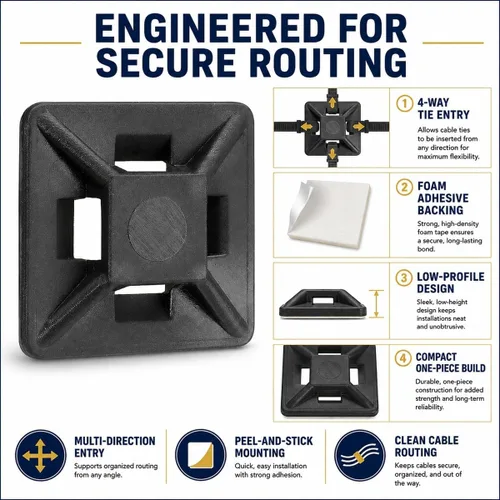 Miniatura 4 de Kable Kontrol Soportes para bridas de cremallera, 1/2 pulgada cuadrada, color negro, 100 unidades, con respaldo adhesivo, multiusos, resistentes a