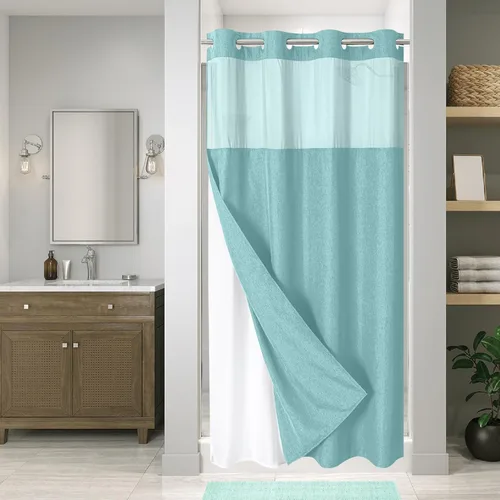 Miniatura 39 de eachope-Cortina de ducha de lino texturizado, forro de tela a presión, no necesita ganchos, ventana superior de malla, cal. hotelera de lujo, Crema