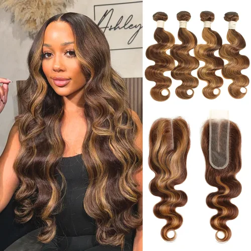 Miniatura 46 de ALHER Long Deep Part 2x6 Closure Body Wave Honey Blonde Highlight, Ombre Brown and Blond 2x6 Kim K Transparent HD Lace Closure Pre Plucked With Baby
