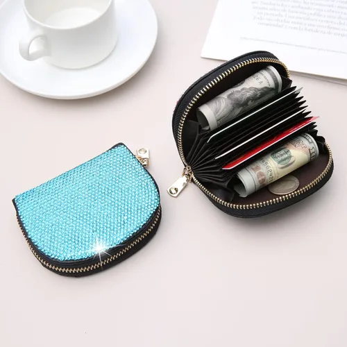 Miniatura 17 de AsAlways RFID Rhinestone titular de la tarjeta de crédito semicírculo multicapa cremallera caso Bling Crystal Slim pequeña cartera para mujeres