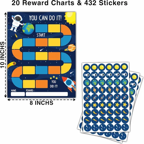 Miniatura 2 de Tabla de recompensas temáticas de astronautas del espacio exterior, 20 tablas de comportamiento para niños con 432 calcomanías redondas, tabla