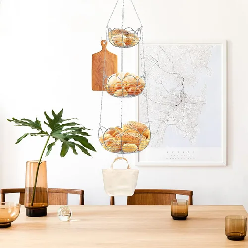Miniatura 2 de Simple Houseware - Cesta colgante moderna para frutas de 3 niveles, cromado Cromo