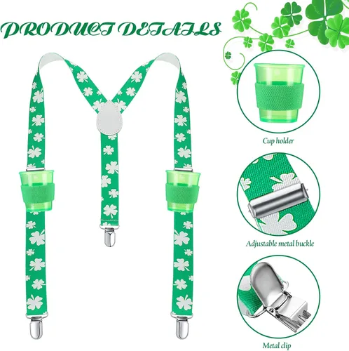Miniatura 3 de Geyoga 3 juegos de tirantes verdes para el día de San Patricio tirantes elásticos ajustables para hombre con clips trébol con copas y alfileres
