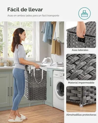 Miniatura 7 de SONGMICS Cesta de lavandería con tapa, cesta de ropa de 110 litros con 2 bolsas de forro extraíbles, 6 bolsas de malla, canasta de mimbre para Gris