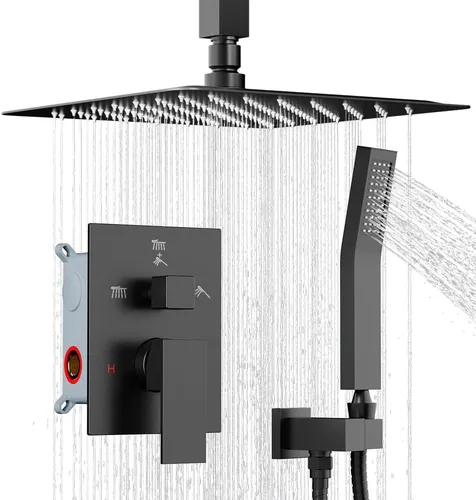Miniatura 11 de Juego de grifo de ducha, sistema de ducha de lluvia de 12 pulgadas con ducha de mano y cabezal de ducha de lluvia de 6 pulgadas con montaje en Negro