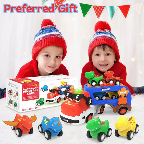 Miniatura 8 de Juguetes de Dinosaurio para Niños 2 3 4 5 6, 5 en 1 Camión de Dinosaurio con 4 Coches de Dino, Luz y Sonido, Juguetes para Niños de 2 a 7 Años