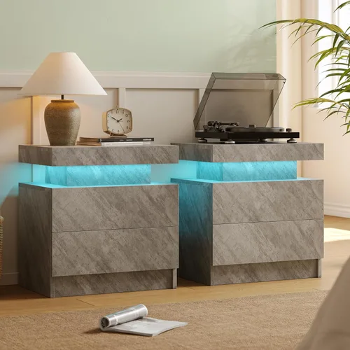 Miniatura 15 de Juego de 2 mesitas de noche con 2 cajones de madera, moderna mesita de noche LED para dormitorio LED Night Stand set 2,Night Stands set of 2 for