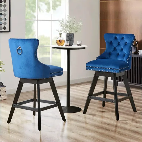 Miniatura 60 de SoarFlash Juego de 2 taburetes de bar tapizados de terciopelo moderno con patas de madera, botones acolchados, cabeza de clavo cromada, asiento