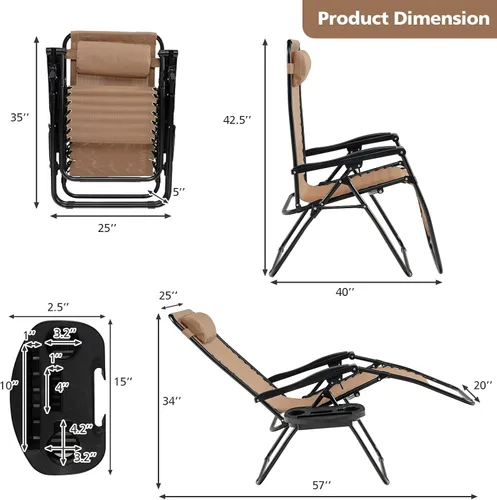 Miniatura 3 de HAPPYGRILL Juego de 2 sillas de gravedad cero para exteriores, relajantes, reclinables, plegables, con portavasos para patio, playa, junto a