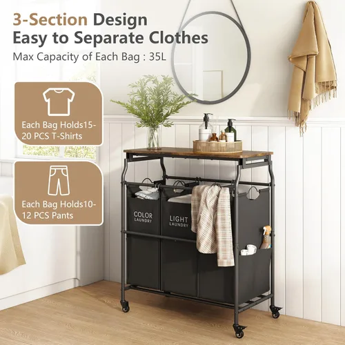 Miniatura 3 de Hoctieon Carrito clasificador de ropa de 3 secciones con tabla de planchar, cesta de lavandería con estante y ruedas rodantes, organizador de cesta