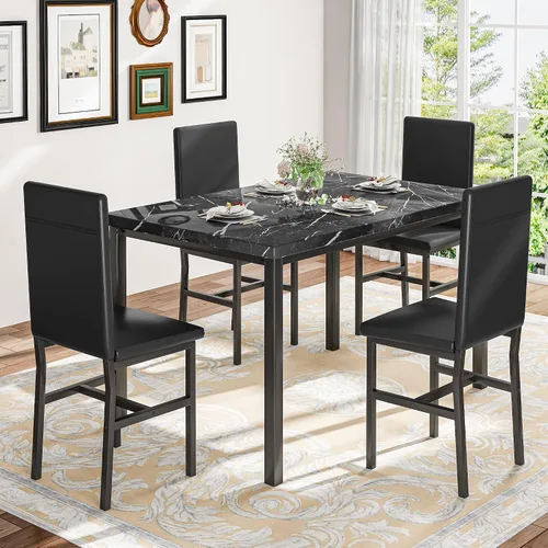 Miniatura 5 de Recaceik Juego de mesa de comedor para 4, mesa de cocina y sillas con mesa de mármol sintético y 4 sillas tapizadas de cuero para cocina, comedor