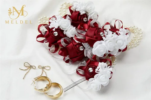 Miniatura 4 de Juego de 4 ramilletes de muñeca color borgoña para boda, juego de ramilletes rojo vino rosa para baile de graduación, novia, dama de honor, niña, 4
