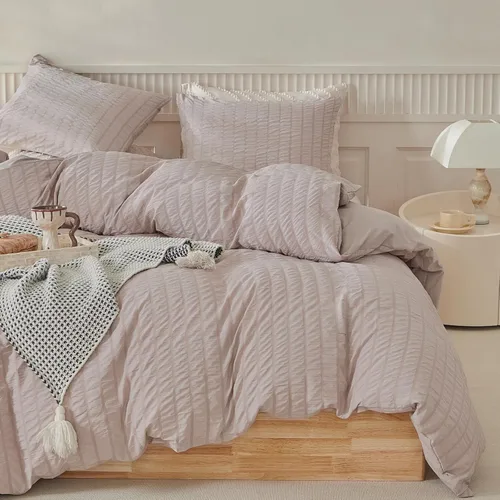Miniatura 12 de WARMDERN - Juego de funda de edredón tamaño Queen, juego de ropa de cama de 3 piezas de microfibra lavada color beige, funda de edredón con textura