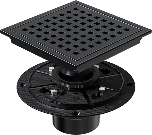 ELLO&ALLO - Drenaje de piso de ducha con brida, rejilla extraíble de patrón cuadrado de 6 pulgadas cuadradas, acero inoxidable SUS 304, color negro