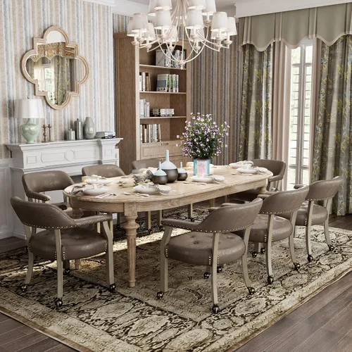 Miniatura 2 de Modernas sillas de escritorio de comedor y oficina de madera maciza marrón retro con ruedas, brazos y asiento tapizado, 31.5 pies de alto Pierna