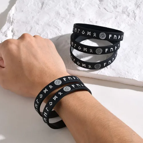 Miniatura 7 de MEALGUET 5 pulseras vikingas para hombre pulsera vikinga nórdica negra para hombres y mujeres, banda de goma de silicona de ajuste cómodo, joyería
