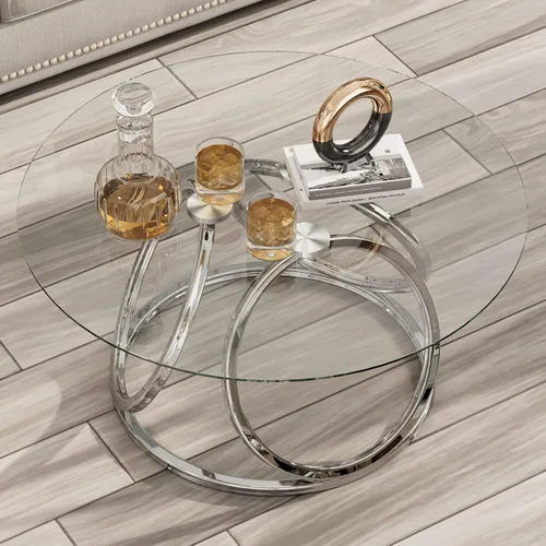 Miniatura 4 de Mesa de café plateada O&K FURNITURE, mesa de café moderna de cristal para sala de estar con marcos en forma de anillo, mesa de café de cristal
