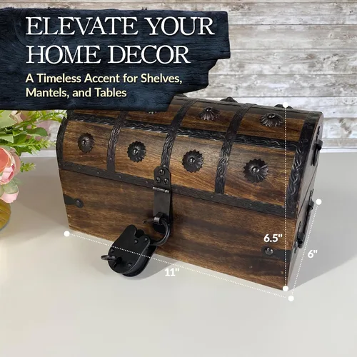 Miniatura 3 de Nautical Cove Cofre del tesoro pirata hecho a mano para premios infantiles y aula con cerradura y llaves de esqueleto – Caja de almacenamiento