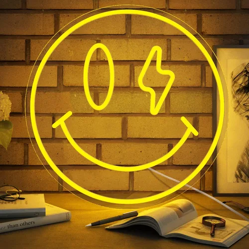 Letrero de neón con cara sonriente, luz de neón LED para decoración de pared, letreros iluminados por USB, letrero de neón amarillo sonriente para