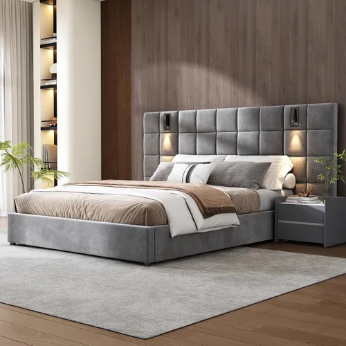 Miniatura 5 de Base de cama tamaño King con cabecero de 46 pulgadas de alto, plataforma tapizada de terciopelo, cabecera de tela suave copetuda, lámparas