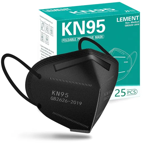 LEMENT 25 piezas de Máscaras faciales KN95, Negro, Máscaras de seguridad para polvo de copa de 5 capas con filtro de eficiencia ≥95%, Máscaras
