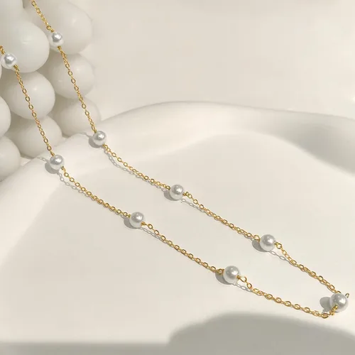 Miniatura 6 de Zeffy Collar de perlas de oro para mujer, delicado collar de gargantilla de perlas pequeñas chapado en oro de 18 quilates, collar de cadena