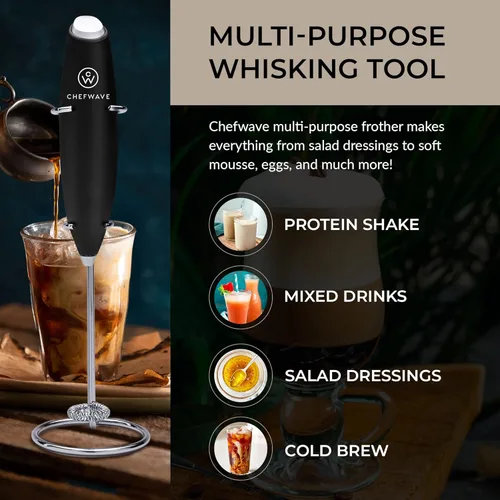 Miniatura 2 de Chefwave Potente espumador de leche eléctrico con soporte Espumador de leche mezclador de bebidas de mano y batidor de matcha