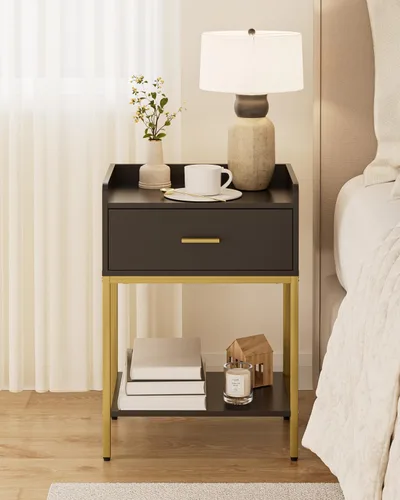 Miniatura 5 de Mesita de noche, mesita de noche moderna de 3 niveles, mesita de noche con cajón de almacenamiento y estante, mesa auxiliar pequeña para dormitorio