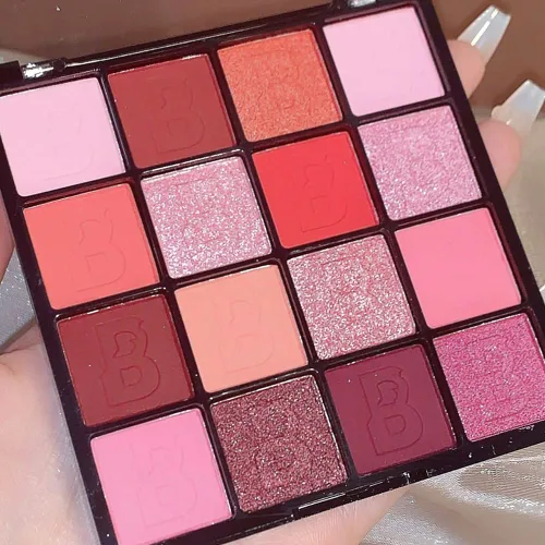 Paleta de sombra de ojos metálica con purpurina mate rosa y roja de 16 colores, maquillaje coreano, kit de sombra de ojos rojo pigmentado para