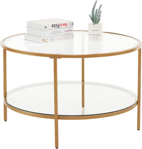 Miniatura 9 de VINGLI Mesa de centro de cristal, mesa de centro redonda de 30 pulgadas, mesas de centro doradas para sala de estar, mesa de centro de 2 niveles