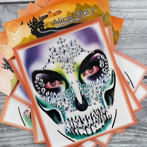 Miniatura 5 de Gemas faciales de esqueleto, joyas del Día de los Muertos, calavera con purpurina para maquillaje, gemas faciales de Halloween, calcomanías
