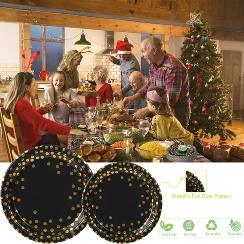 Miniatura 4 de Birthdayparties Platos redondos de papel desechables para todas las ocasiones, platos de papel de puntos dorados, paquete de 50 unidades, 25 x 9