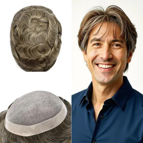 Miniatura 17 de Tupé para hombre, pieza de cabello humano real, monofilamento, tupé para hombres, postizos, unidades de sistema de reemplazo de cabello, gris