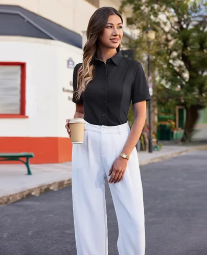 Miniatura 6 de Siliteelon Camisetas de Botón para Mujer, Ajustadas, de Manga Corta, Elásticas, Camisa de Vestir, Sin Arrugas, Sólida, Blusa de Trabajo