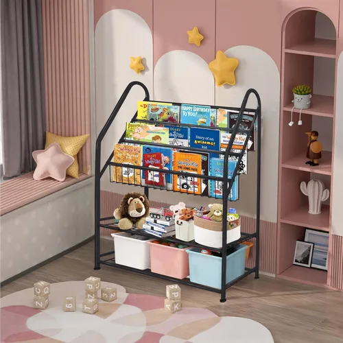 Miniatura 4 de aboxoo Estantería de metal para niños, grande, independiente, para habitación de los niños, organizador de juguetes de 32 pulgadas, estantería Negro