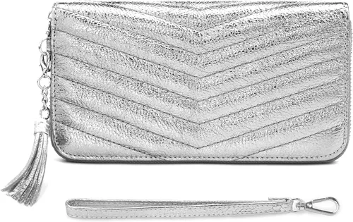Miniatura 9 de befen Cartera acolchada de cuero genuino para mujer, con cremallera RFID alrededor de diseñador, cartera