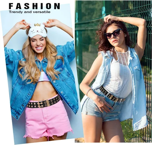 Miniatura 5 de FIORETTO Cinturón de cuero con ojales y cadena desmontable para mujeres y hombres, cinturones de cintura punk rock para pantalones vaqueros