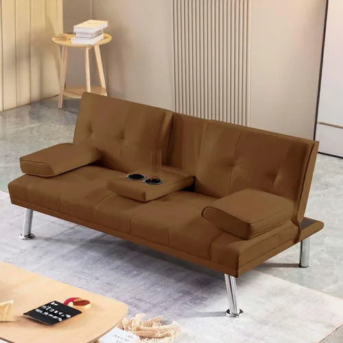 Sofá cama tipo futón moderno de 66.5 pulgadas con patas de metal/2 portavasos, sofá biplaza tapizado plegable convertible, asiento de espuma