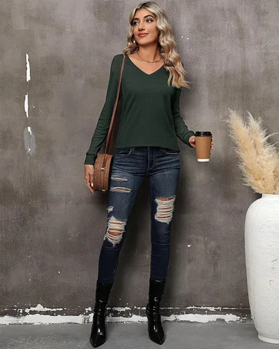 Miniatura 7 de Riyiper 2 camisetas de manga larga para mujer, cuello en V, lisas, casuales, holgadas, camisetas
