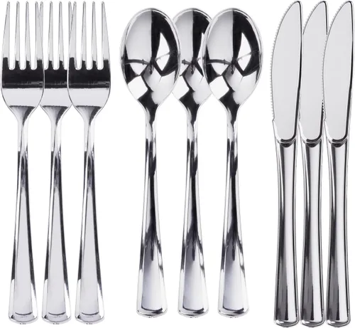 Prestee Juego de 300 piezas de cubiertos de plástico resistentes - 100 de cada uno tenedores de plástico plateado, cucharas, cuchillos - Cubiertos