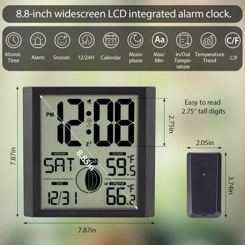 Miniatura 5 de Reloj de pared atómico con pantalla de números grandes para interiores y exteriores Wall Clock Battery Operated, Alarm