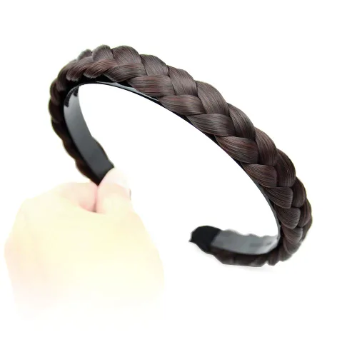 Miniatura 29 de Ancho de 1.5 cm Banda de pelo sintético trenzada estrecha con dientes para mujeres y niñas (Negro)