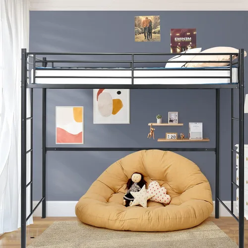 Miniatura 6 de Giantex Cama alta de metal tamaño individual, marco de cama alta resistente con 2 escaleras, litera individual sobre loft con protector de longitud