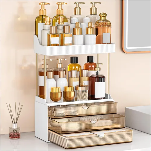 caktraie Organizadores y Almacenamiento de Baño - Organizador de Maquillaje de 3 Cajones y 2 Niveles, Cajón de Almacenamiento de Cosméticos para