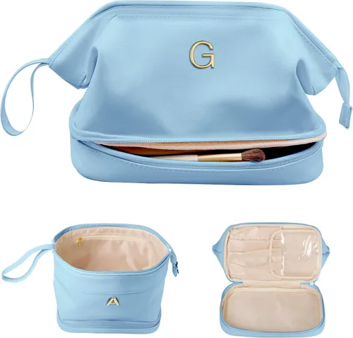 Miniatura 22 de Regalos para mujer, bolsa de maquillaje grande con inicial, artículos esenciales de viaje, bolsa de cosméticos personalizada de doble capa