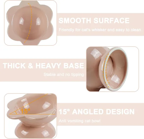 Miniatura 3 de Cuenco elevado de cerámica para gatos, Tazón de comida elevado inclinado de 15° para gatos, Alimentador para mascotas en forma de flor de porcelana
