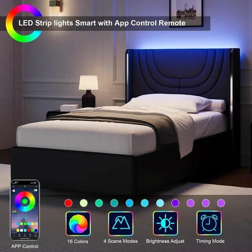 Miniatura 4 de REVOMINCA Base de cama individual con luces LED, plataforma tapizada de piel sintética con cabecera de ala plateada, estilo moderno, no necesita