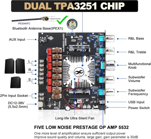 Miniatura 2 de S350HS TPA3251 Placa amplificador de potencia Bluetooth con subwoofer 2.1 canales 220W × 2+350W, módulo amplificador de potencia de audio de 12 V-38