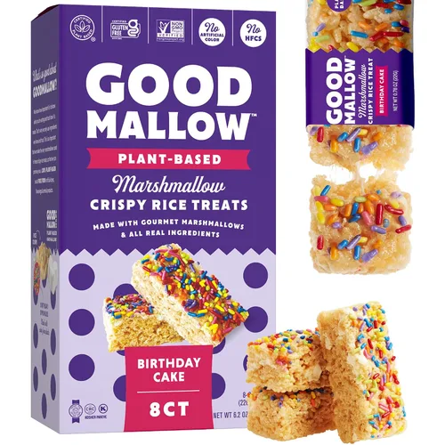 GoodMallow Treats Veganos Crujientes de Arroz Envueltos Individualmente Caja de 8, Bocadillos Veganos Kosher, Aperitivos Sin Gluten Sin Lácteos para